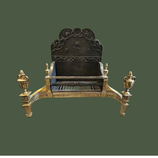 Magnificent old Georgian-style fire basket in steel and brass and cast iron, with superb brass urns and swept band of decorative cast brass, columns and finials