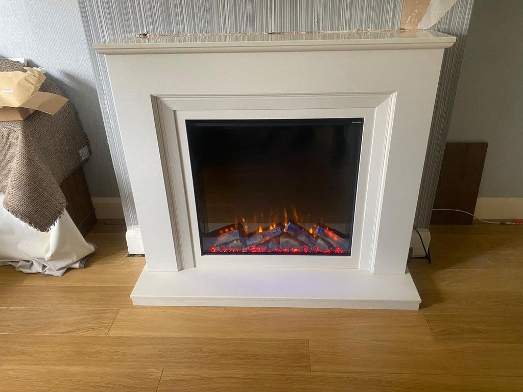 Chic design showcasing the iQFX-750P. The Alder luxury fireplaces crafted from micro marble delivers the ultimate in elegance and style.