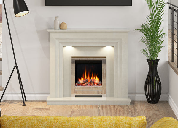 Luxury  iQFX Marble Fireplaces . The Jasmine’s tiered design creates a multidimensional effect, enhanced by downlighters to highlight the  iQFX-16 efire framed by beautiful Echo Chrome fascia.