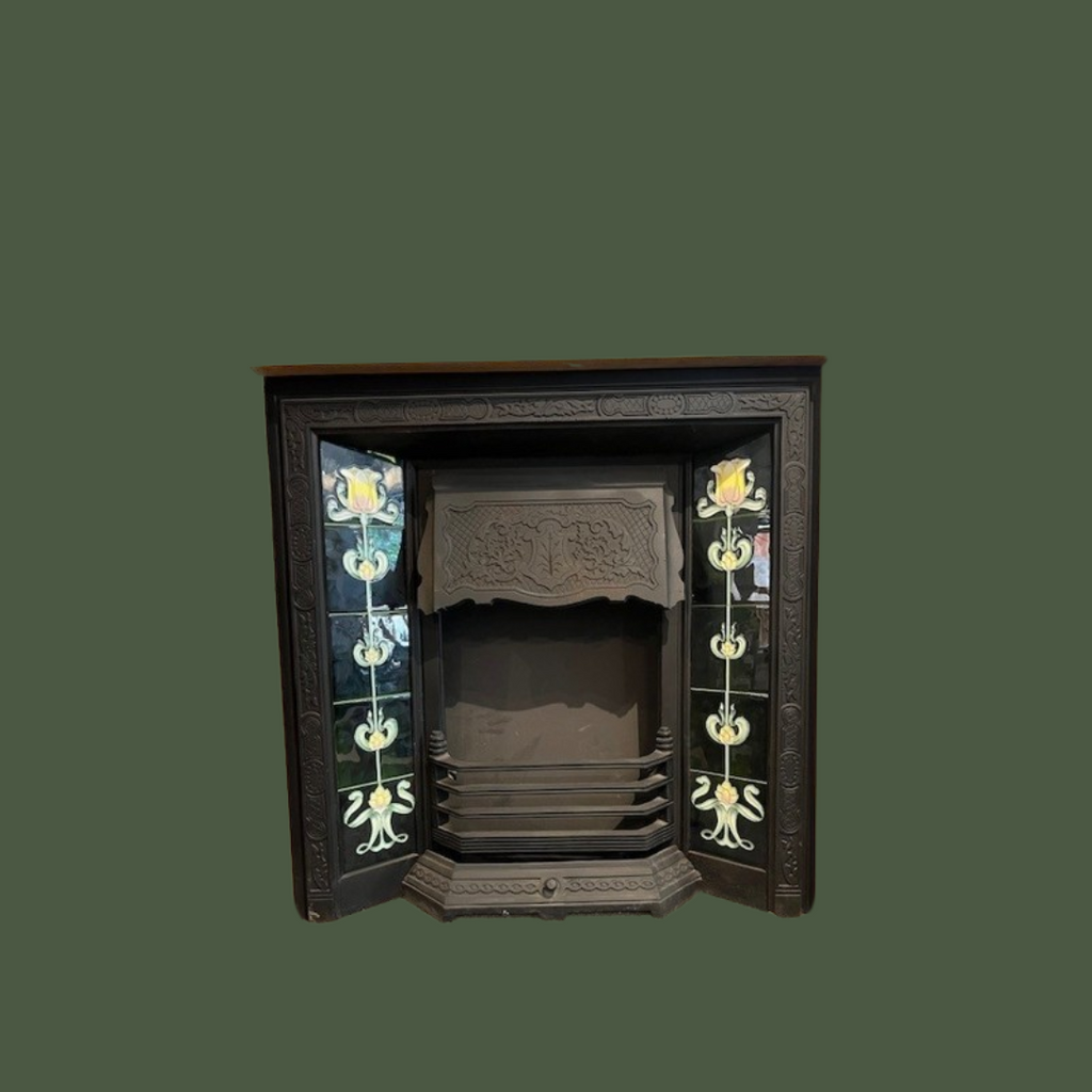 Original late Victorian tiled insert fireplace. Comes with 16”back included.Shown with reproduction Tulip tiles in dark green