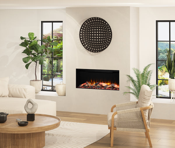 Immerse yourself in the captivating ambiance of the iQFX-1000L, with the full panoramic effect inset into a pre-fabricated wall or chimney breast