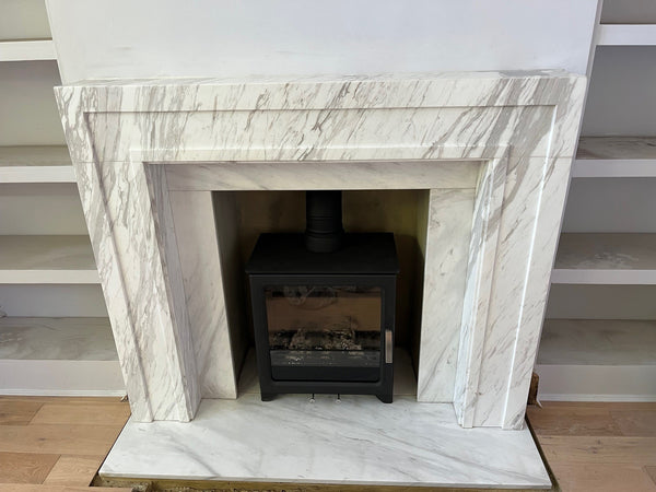 Modern, minimalist Shoreditch Volakas marble, a striking Greek marble with eye catching grey and white veining