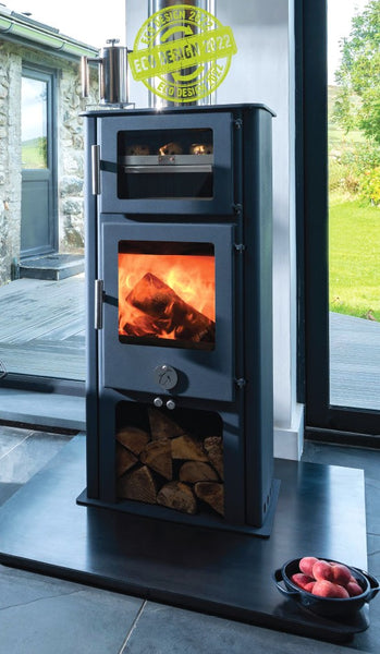 The Chilli Penguin High & Mighty Tall Order Multi Fuel Ecodesign stove, with a convector stove and come with two removable cooking shelves.