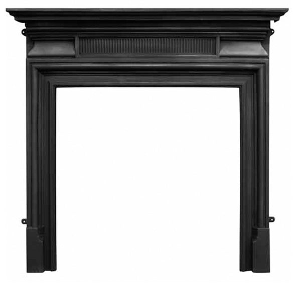 Strong black cast iron fireplace surround with a square frame and a grated rectangular panel.