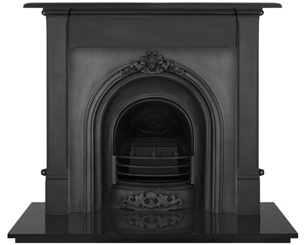 A black cast iron fireplace insert with an arched opening and decorative detailing, known as The Prince Cast Iron Arch Insert.