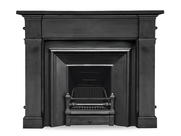 The Royal, a black cast iron fireplace insert with a traditional Georgian design, featuring a straight-edged structure with a square opening and polished detailing.