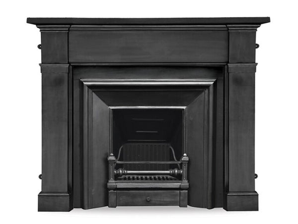 The Royal, a black cast iron fireplace insert with a traditional Georgian design, featuring a straight-edged structure with a square opening and polished detailing.