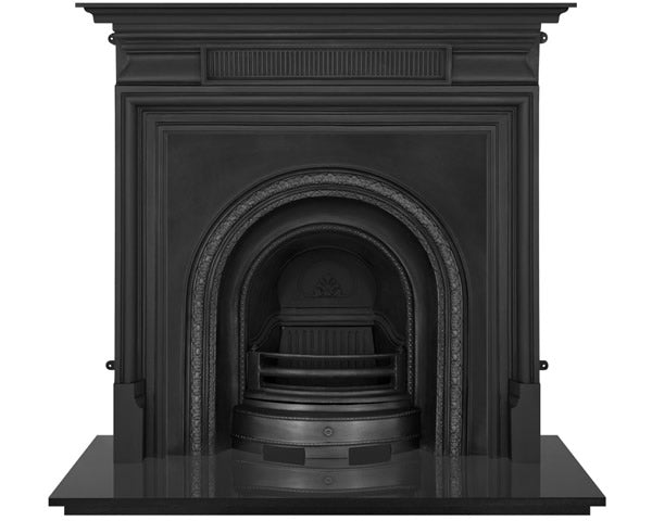 An early Victorian, Scotia  black cast iron fireplace insert has a double archway design, both with wonderfully different designs that compliment each other and curved bars and ash cover.