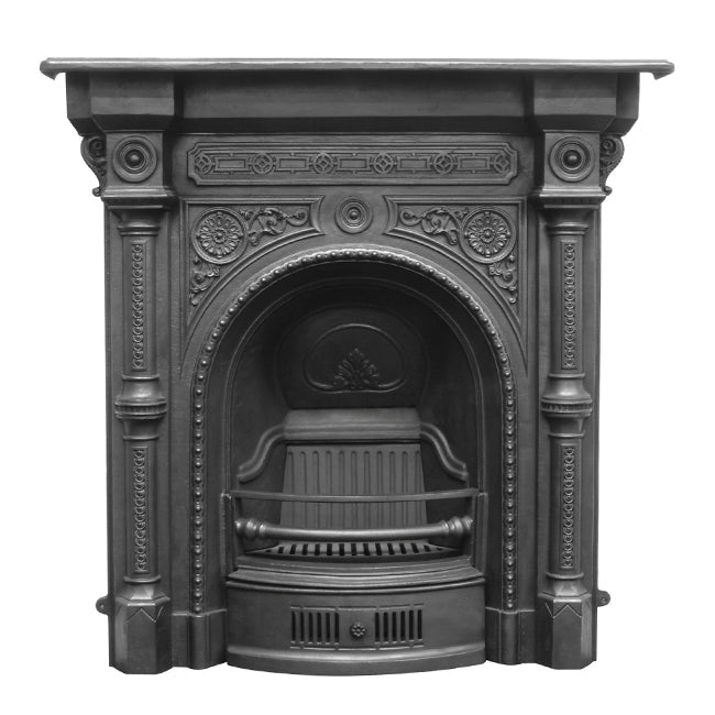 The Tweed Combination Victorian style cast iron fireplace., with outstanding chain link detail that higlights the fireplace's arch, framed majestically with a sunflower detail. Graphite Black
