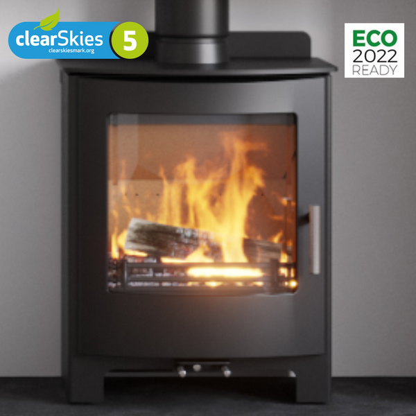 The Mendip Churchill 5 Dual Control multi fuel stove with beautiful curved cast iron door, skillfully craft to snugly fit into the body. Dual controls  precisely control the amount of air coming into the fire chamber to allow  to operate it most effectively.