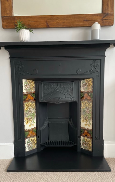 Decorative Cast Iron Tiled Combination Fireplace with Templated Honed Slate Heart an alternative to Carpet being Relaid right up to the Back