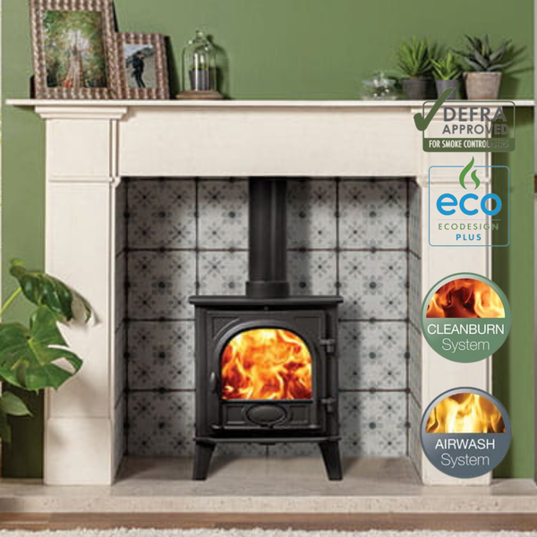The Stockton 5 Ecodesign Plus with its square cast iron door is capable of holding logs up to 330mm (13
