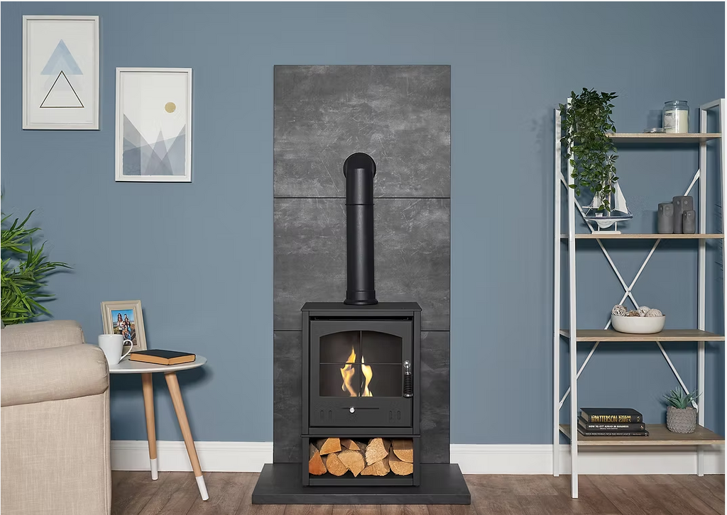 OKO S2 Bio Ethanol stove, stylish arched paned glass front window, tall and angle decorative fuel pipe, and additional log store.