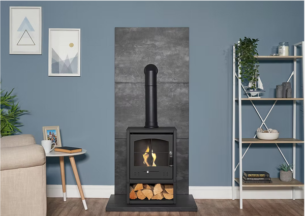 OKO S2 Bio Ethanol stove, stylish arched paned glass front window, tall and angle decorative fuel pipe, and additional log store.