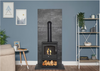 OKO S2 Bio Ethanol stove, stylish arched paned glass front window, tall and angle decorative fuel pipe, and additional log store.