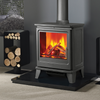 The Blackthorn electric stove - now comes in modern chic Shadow Grey,  features a chrome handle for a modern aesthetic. These sophisticated new colours offer versatility, blending seamlessly with various interior styles while providing a cosy, inviting ambience.