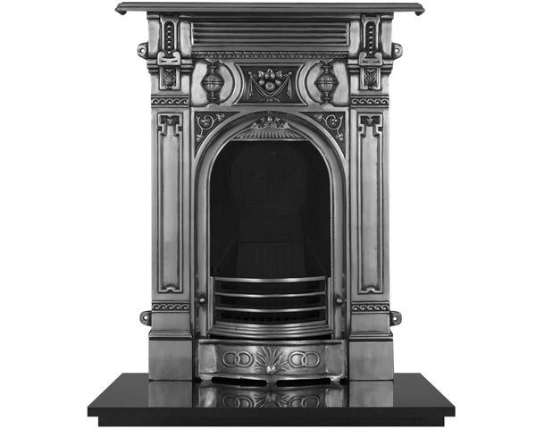 Decorative Victorian fireplace with intricate fruit and urn detailing