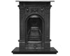 Decorative Victorian cast iron combination fireplace in a black finish with intricate fruit and urns designs 