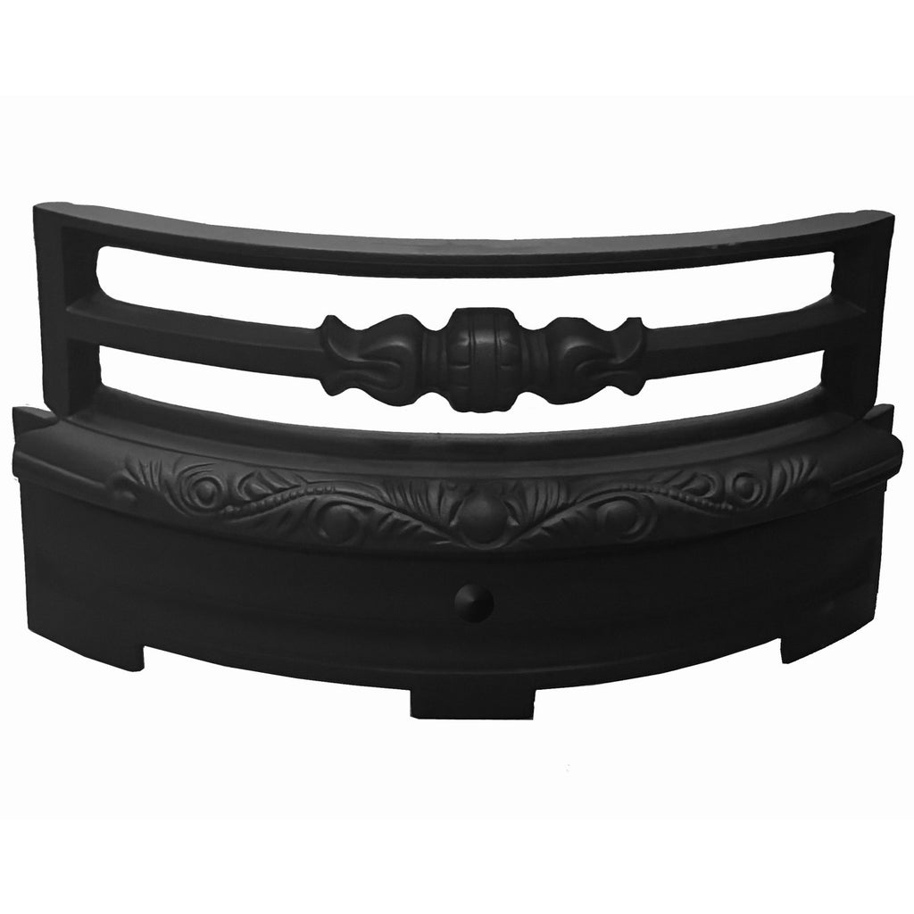 B39 black fireplace bars  Late Victorian style fireplace bars, showcasing three horizontal bars that are eye-catchingly  ornate from the top down to the leafy decoration of the bottom bar.
