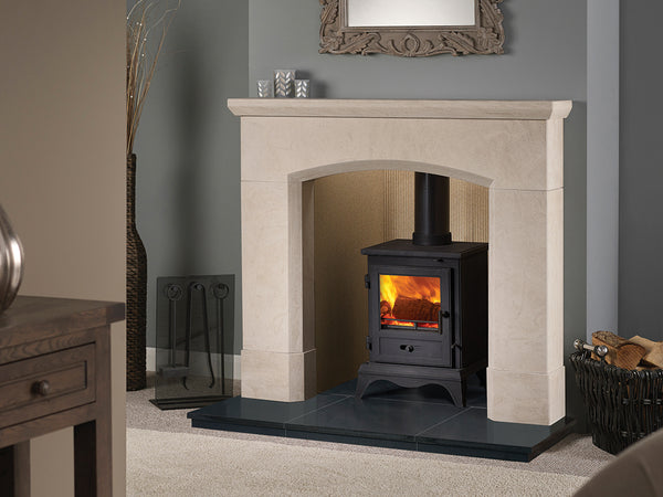 the Olvera mantle features a defined Roman arch combined with a substantial shelf and foot blocks. The Olvera is ideal for customers who are seeking a feature fireplace for a smaller fireplace opening.
