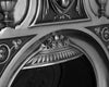 Close-up of an ornate fruit and urns designs with intricate patterns and details across the canopy of a full polish Victorian cast iron combination fireplace.