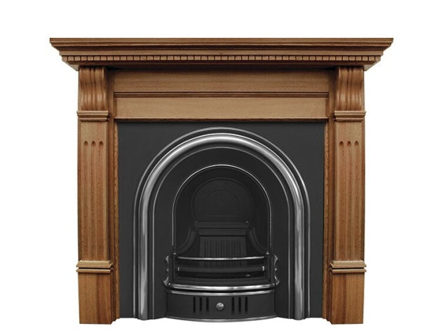 A smooth archway bulges from the Coleby's insert's surface to curve around the fireplace's opening, which itself is set back.