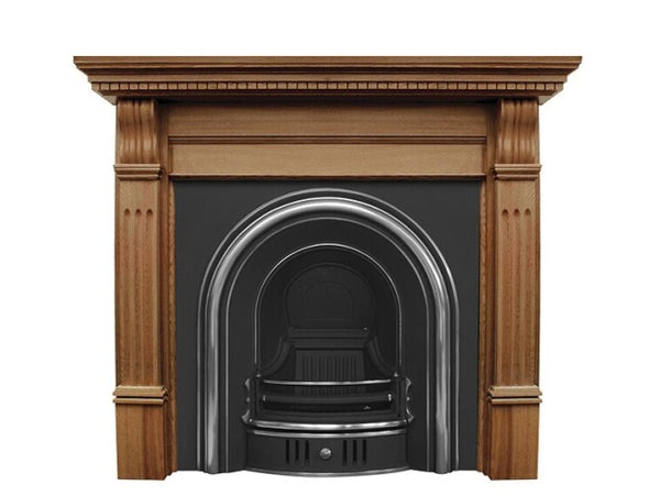 A smooth archway bulges from the Coleby's insert's surface to curve around the fireplace's opening, which itself is set back.