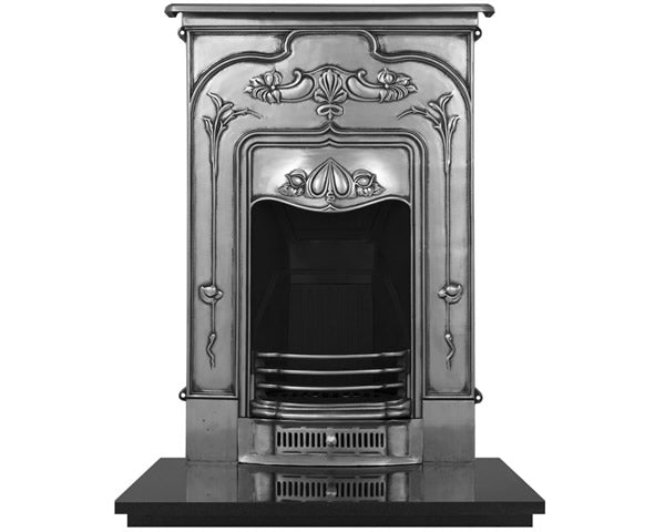 The Jasmine is an Art Nouveau Style cast iron fireplace, framed beautifully with an orchid stem design and an elegantly detailed canopy.